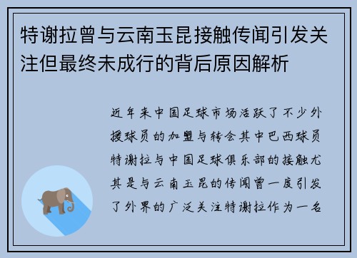 特谢拉曾与云南玉昆接触传闻引发关注但最终未成行的背后原因解析